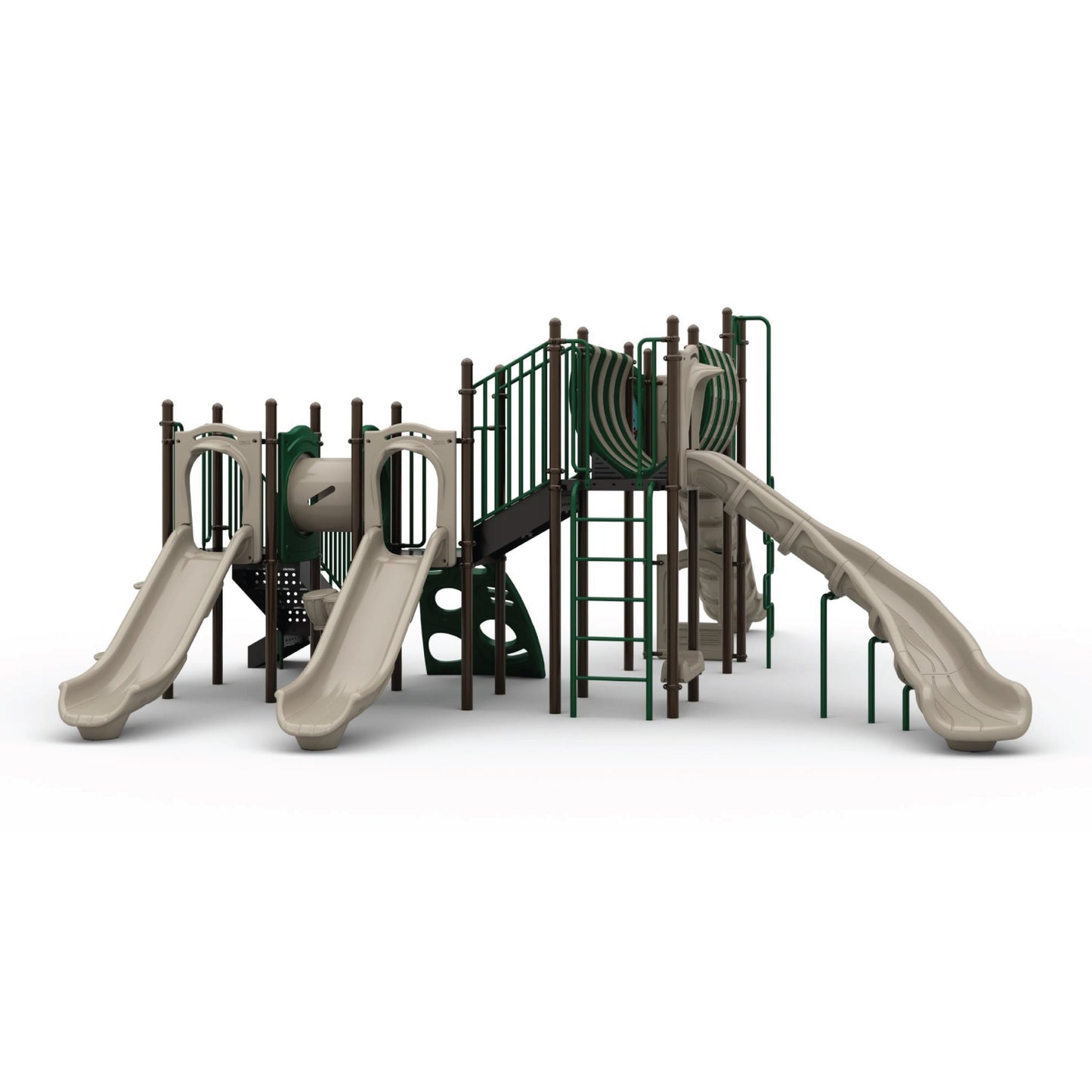 Arch Glider Natural playground structure with three tan slides, green curved climber, vertical ladder, and elevated decks for ages 5 to 12