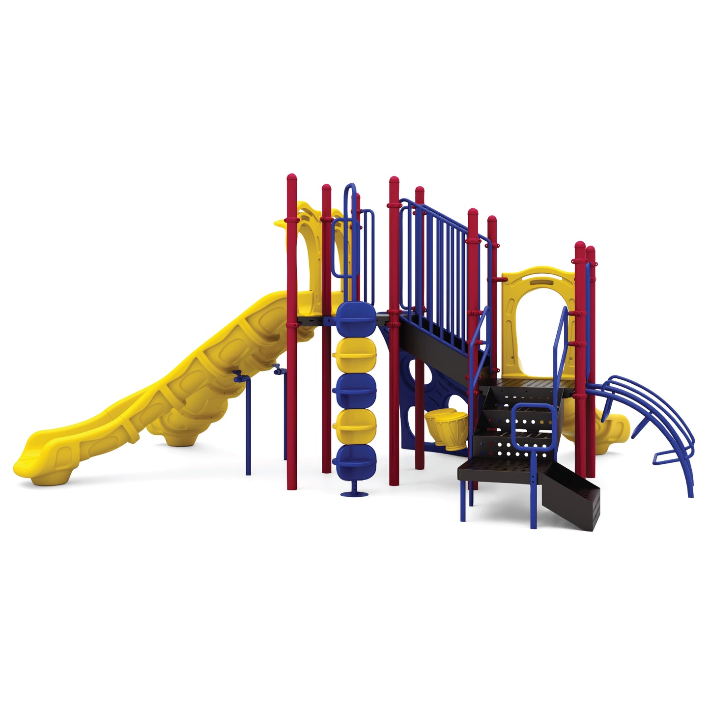 Reverse view of Twin Falls Primary playground structure showing yellow slides, blue rails, and crawl spaces for school-age children