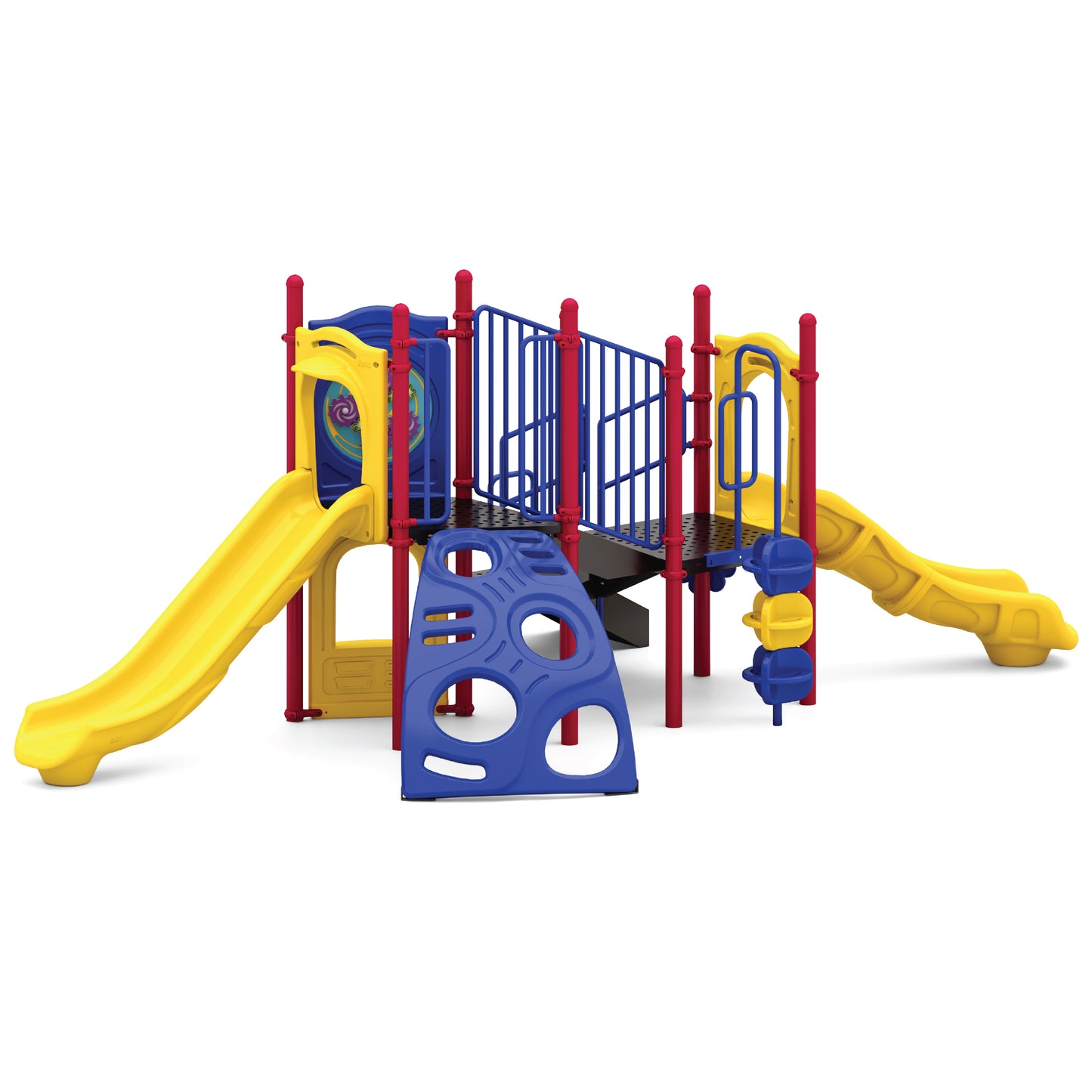 Boulder Dash Primary toddler playground structure with two yellow slides, blue crawl tunnel, red low climber, and activity panels for ages 2 to 5
