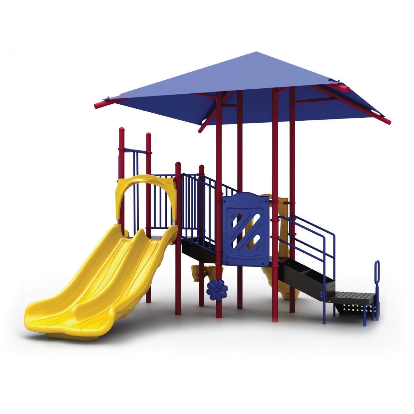 Double Rush with Shade Primary toddler playground structure with integrated blue shade canopy over two side-by-side yellow slides, climbers, and elevated deck for ages 2 to 5