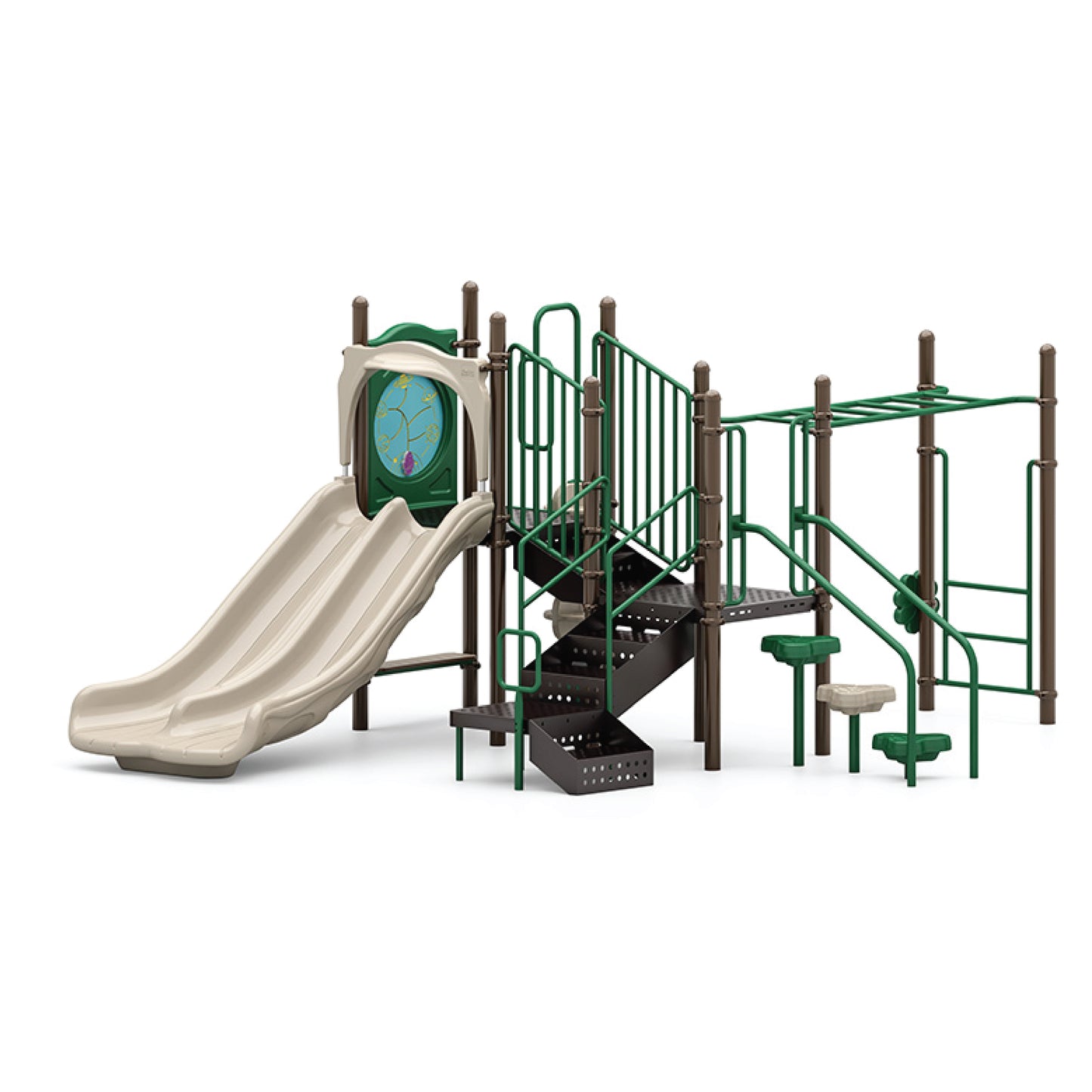 Lil Bugger Natural playground structure with tan twin slide, green wall climber, vertical climber, and overhead horizontal ladder for ages 5 to 12