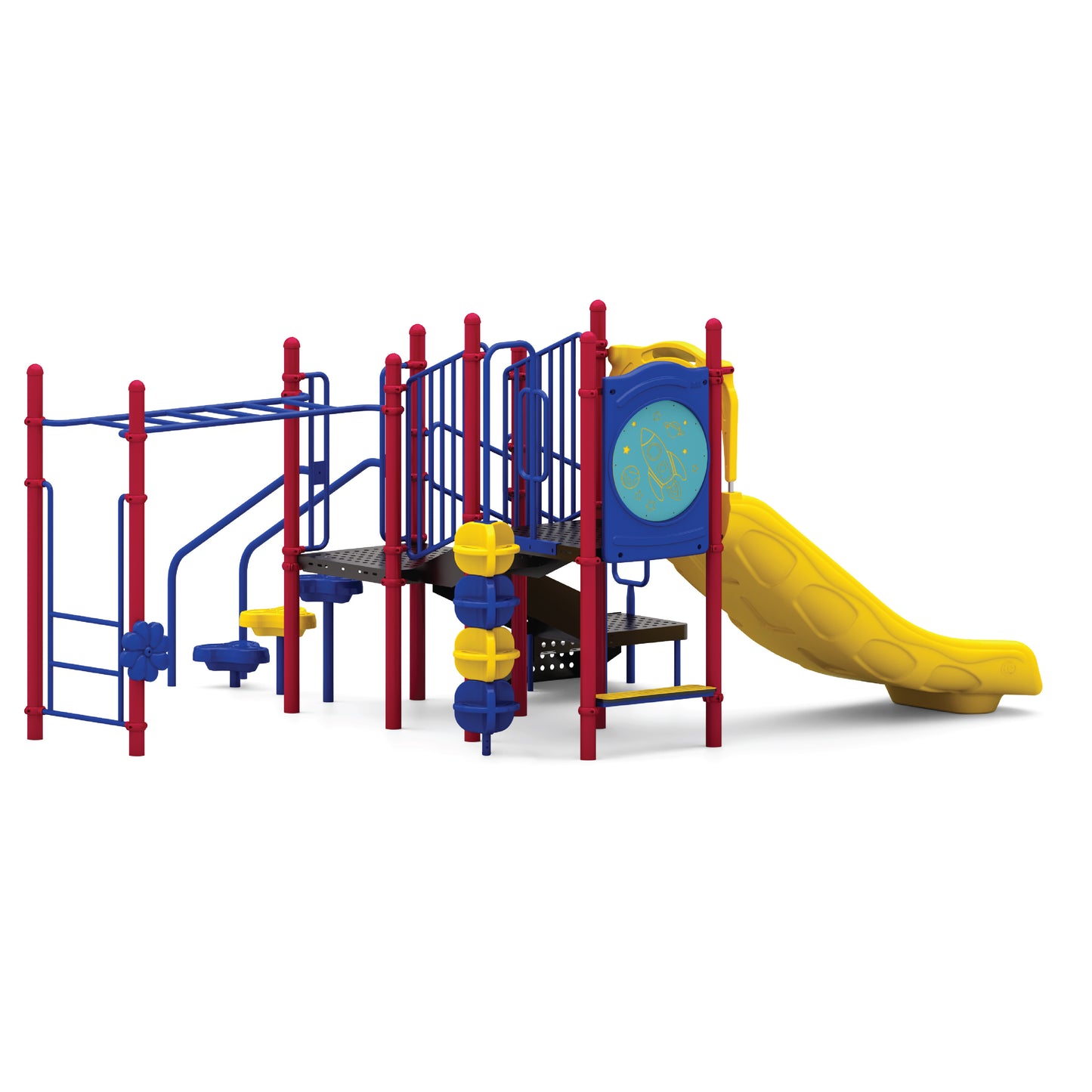 Reverse view of Lil Bugger Primary playground structure showing stepping pods, loop climber, and elevated decks for school-age children