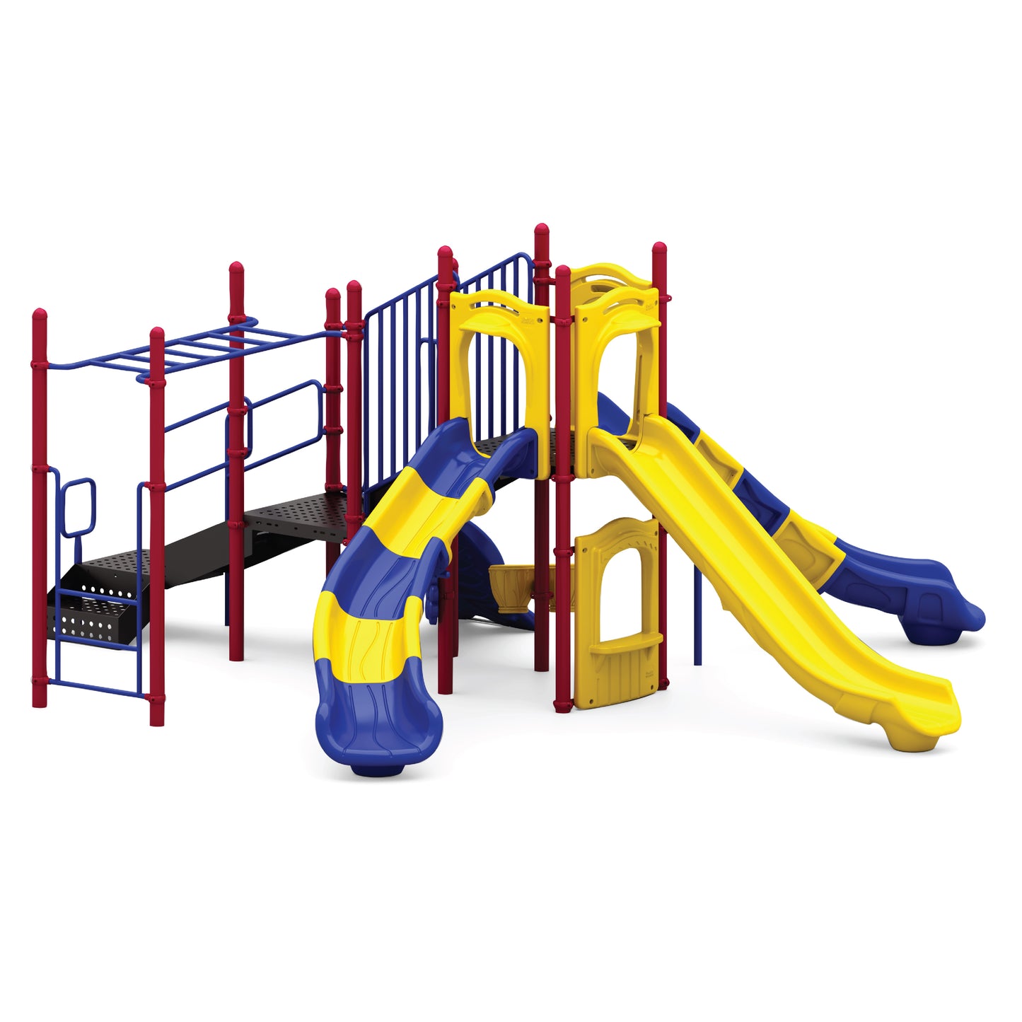 Reverse view of Triton's Tripod Primary showing elevated decks, climber, and ground-level play elements for school-age children