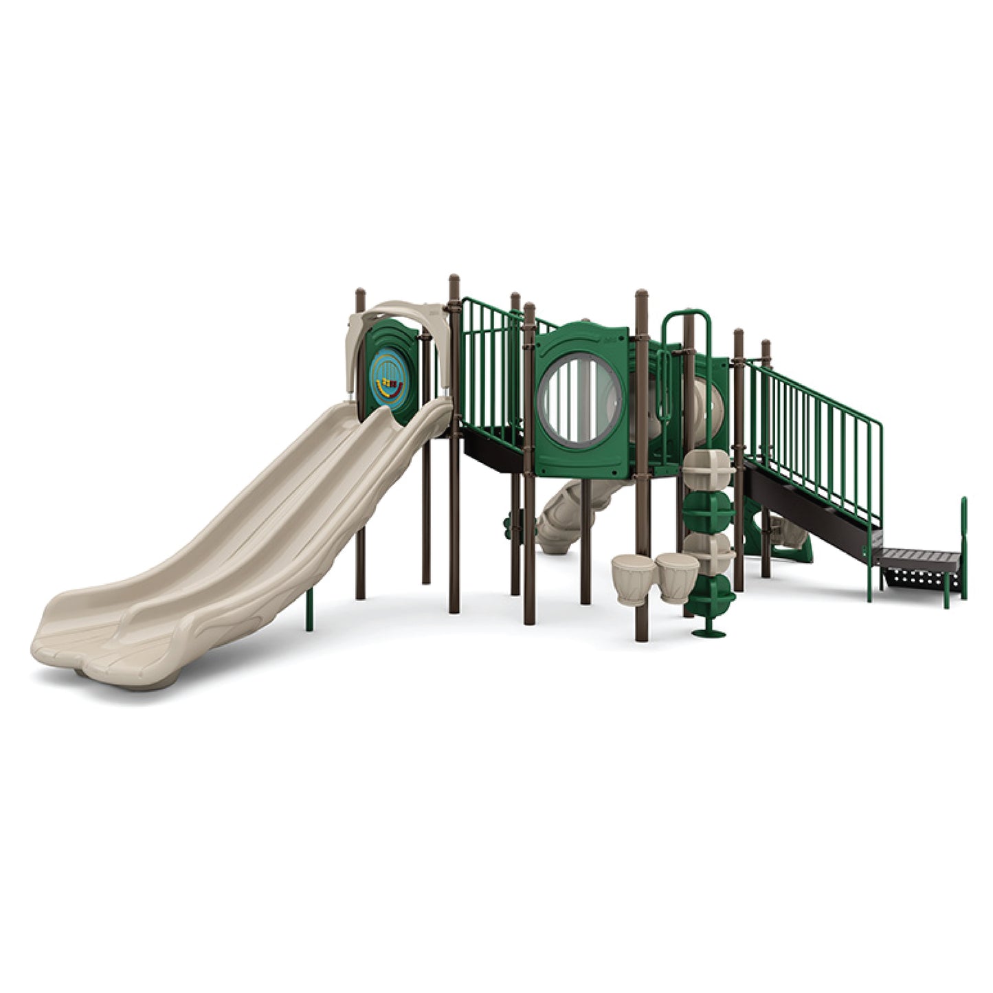 Cedar Cascade Natural playground structure with dual tan slides, spiral slide, green crawl tunnel, climbers, and multi-level decks for ages 5 to 12