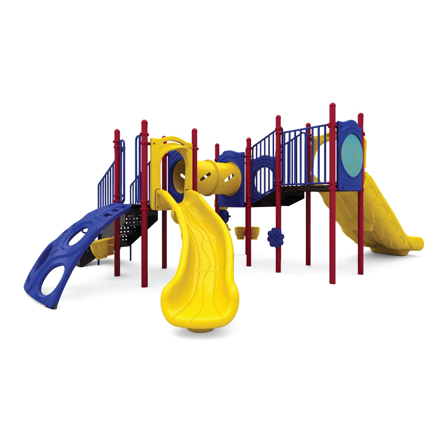 Reverse view of Cedar Cascade Primary showing modular deck system, climbers, and crawl tunnel for school-age children