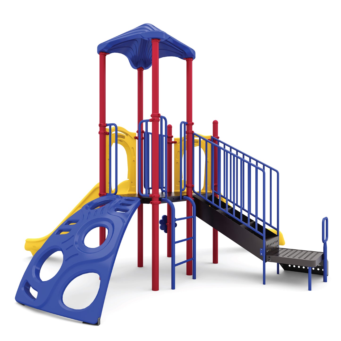 Breezy Peak Primary toddler playground structure with yellow slide, blue arched climber, red vertical ladder, and shaded elevated deck for ages 2 to 5