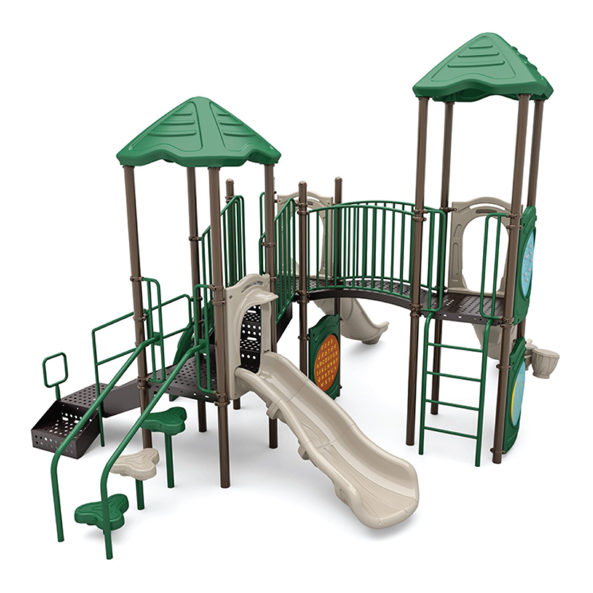 Speedway Falls Natural playground structure with two green-roofed towers, curved bridge, tan wave slide, climber wall, and interactive panels for ages 5 to 12