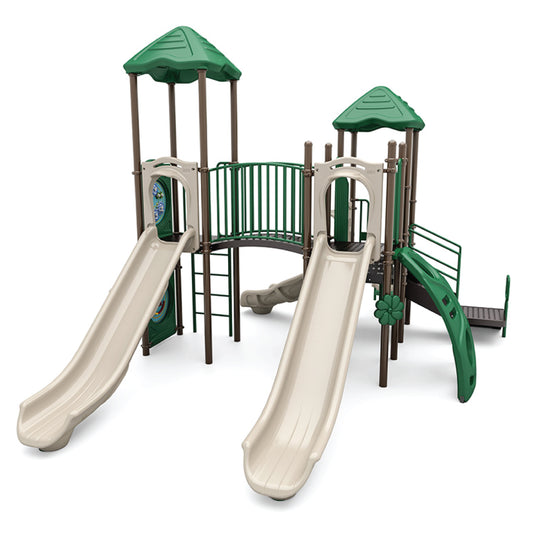 Reverse view of Speedway Falls Natural showing transfer steps, secondary slide, and ADA-accessible deck connections for school-age children