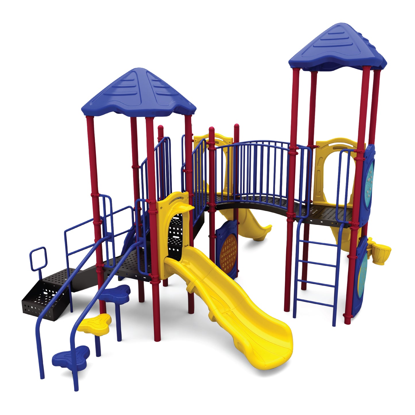 Speedway Falls Primary playground structure with two yellow-roofed towers, curved bridge, blue wave slide, red climber wall, and interactive panels for ages 5 to 12