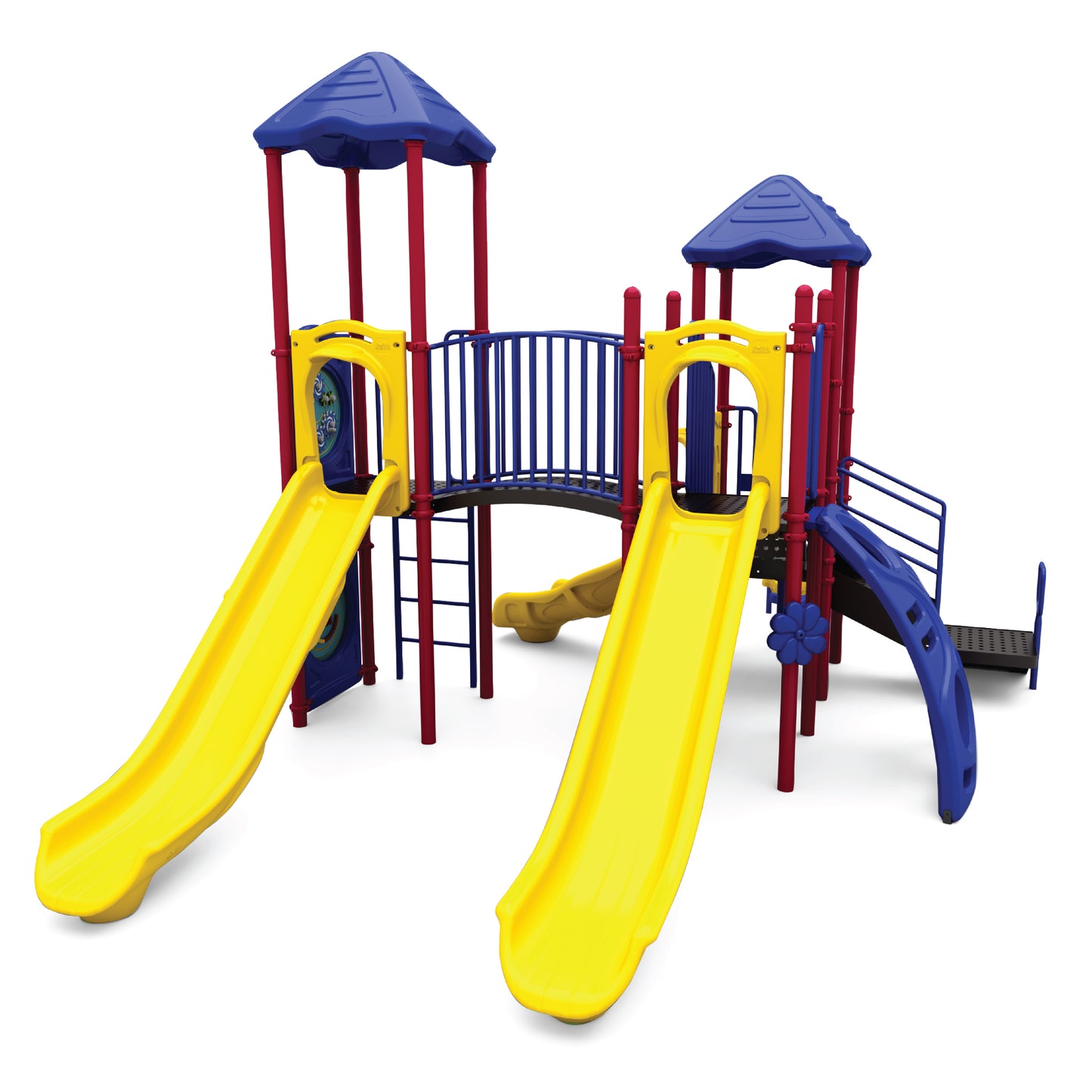 Reverse view of Speedway Falls Primary showing transfer steps, secondary slide, and ADA-accessible deck connections for school-age children