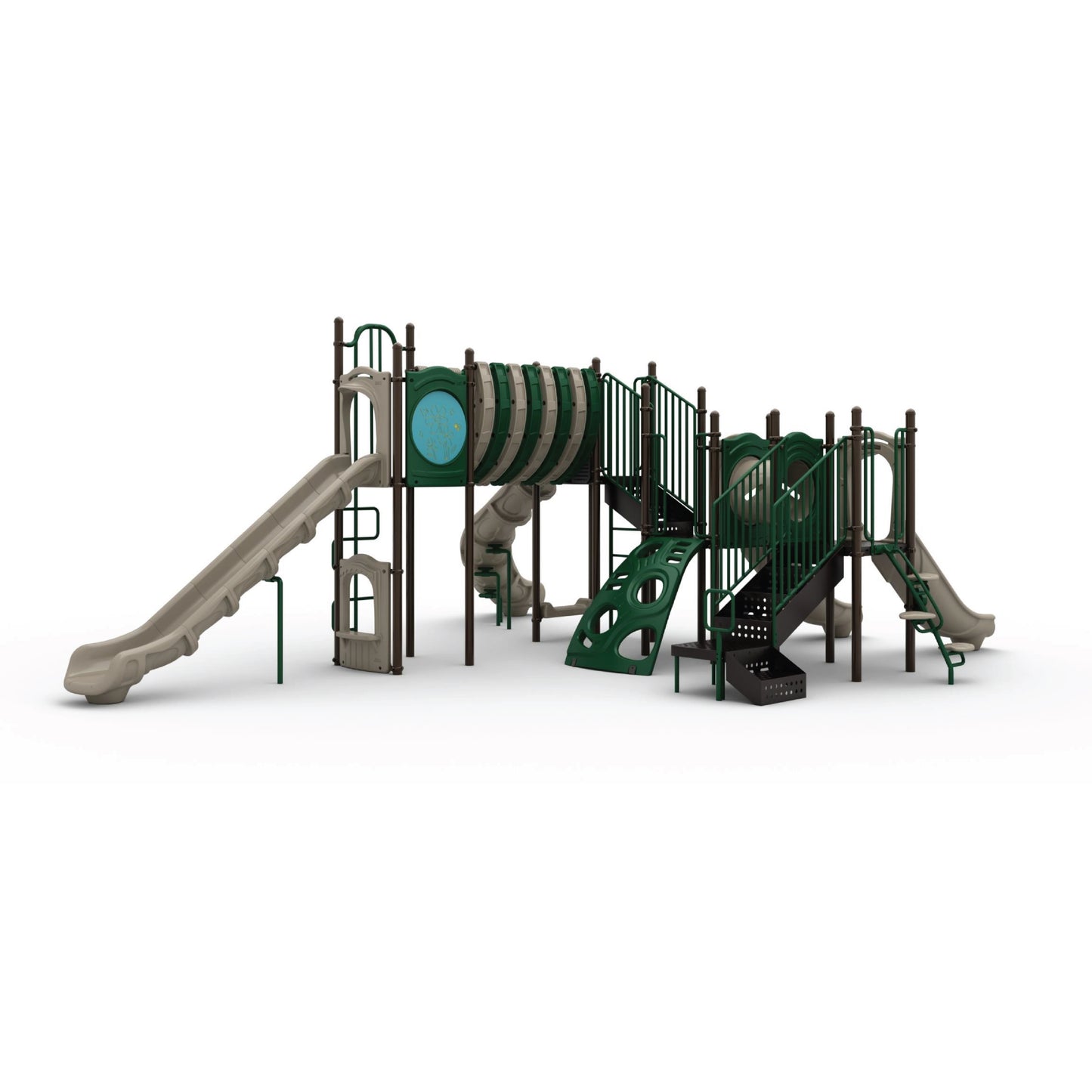 Reverse view of Arch Glider Natural showing tunnel slide, crawl-through tunnel, and activity panels for school-age children