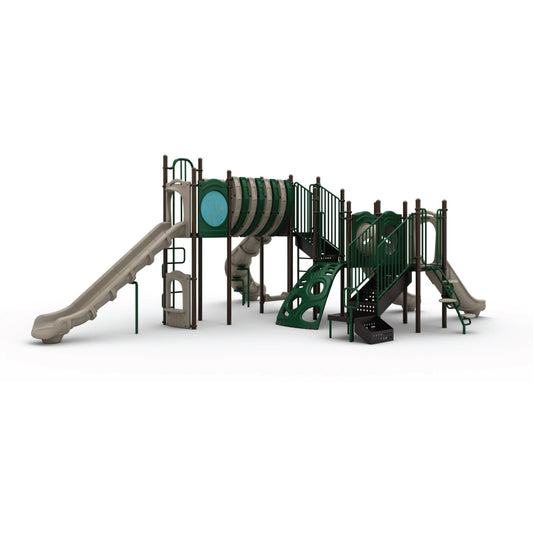 Reverse view of Arch Glider Natural showing tunnel slide, crawl-through tunnel, and activity panels for school-age children