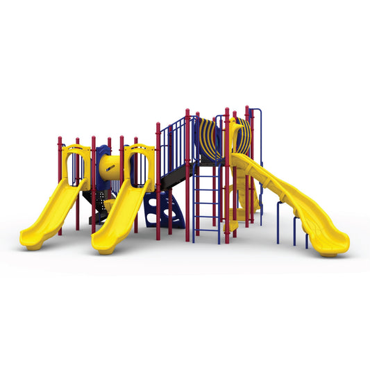 Arch Glider Primary playground structure with three yellow slides, blue and red posts, climbers, and elevated decks for ages 5 to 12