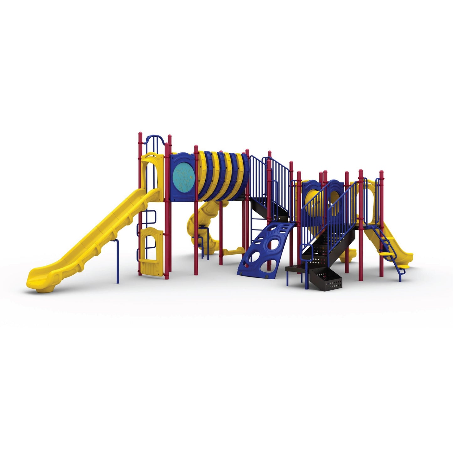 Reverse view of Arch Glider Primary showing tunnel slide, crawl-through tunnel, and activity panels for school-age children