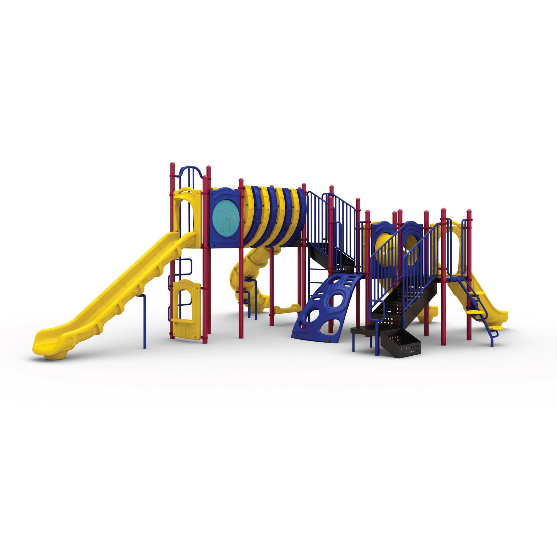Reverse view of Arch Glider Primary showing tunnel slide, crawl-through tunnel, and activity panels for school-age children