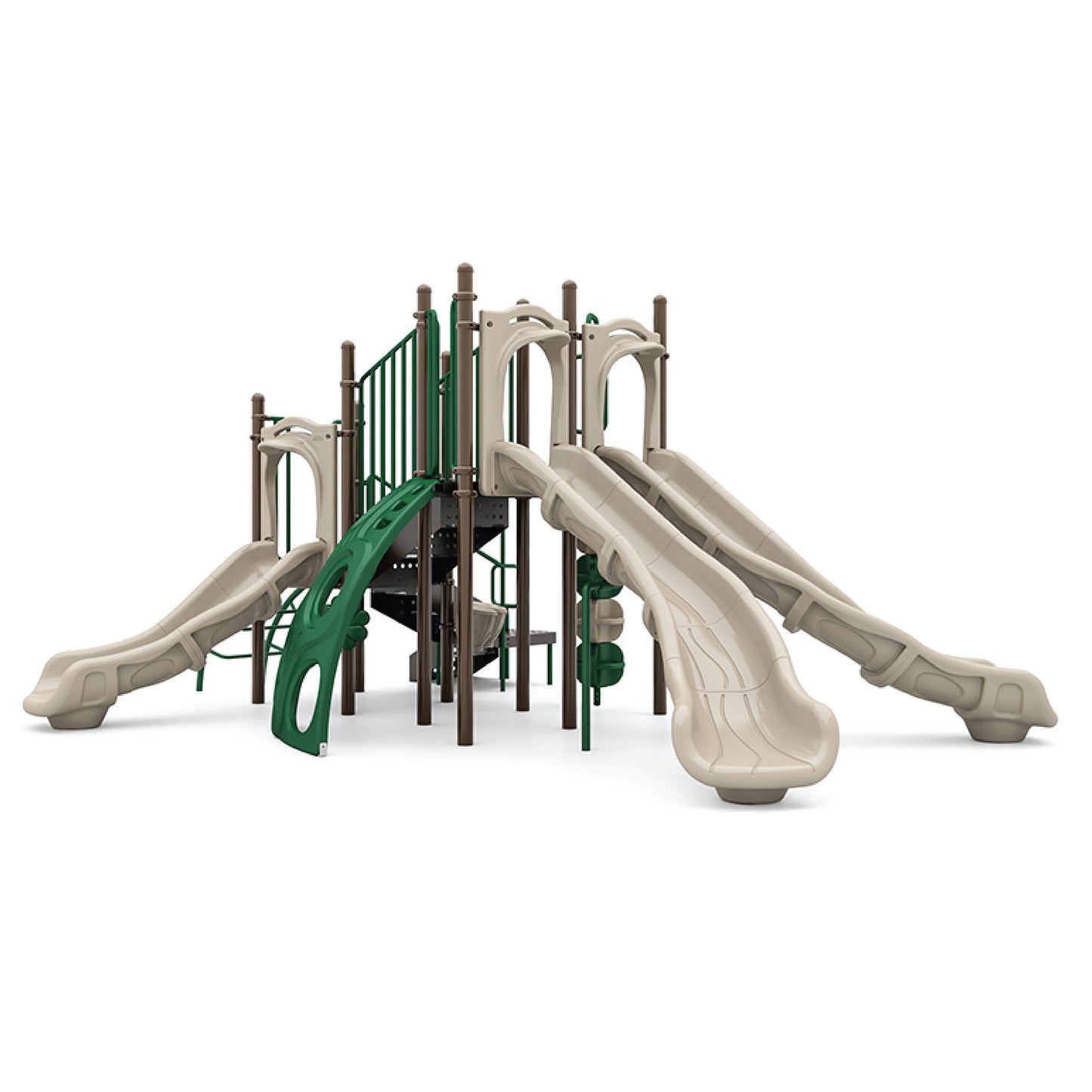Twin Falls Natural playground structure with dual tan slides, green wall climber, and elevated decks for ages 5 to 12