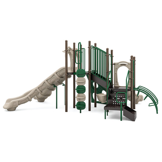 Reverse view of Twin Falls Natural playground structure showing crawl spaces, activity panels, and stair access deck for school-age children