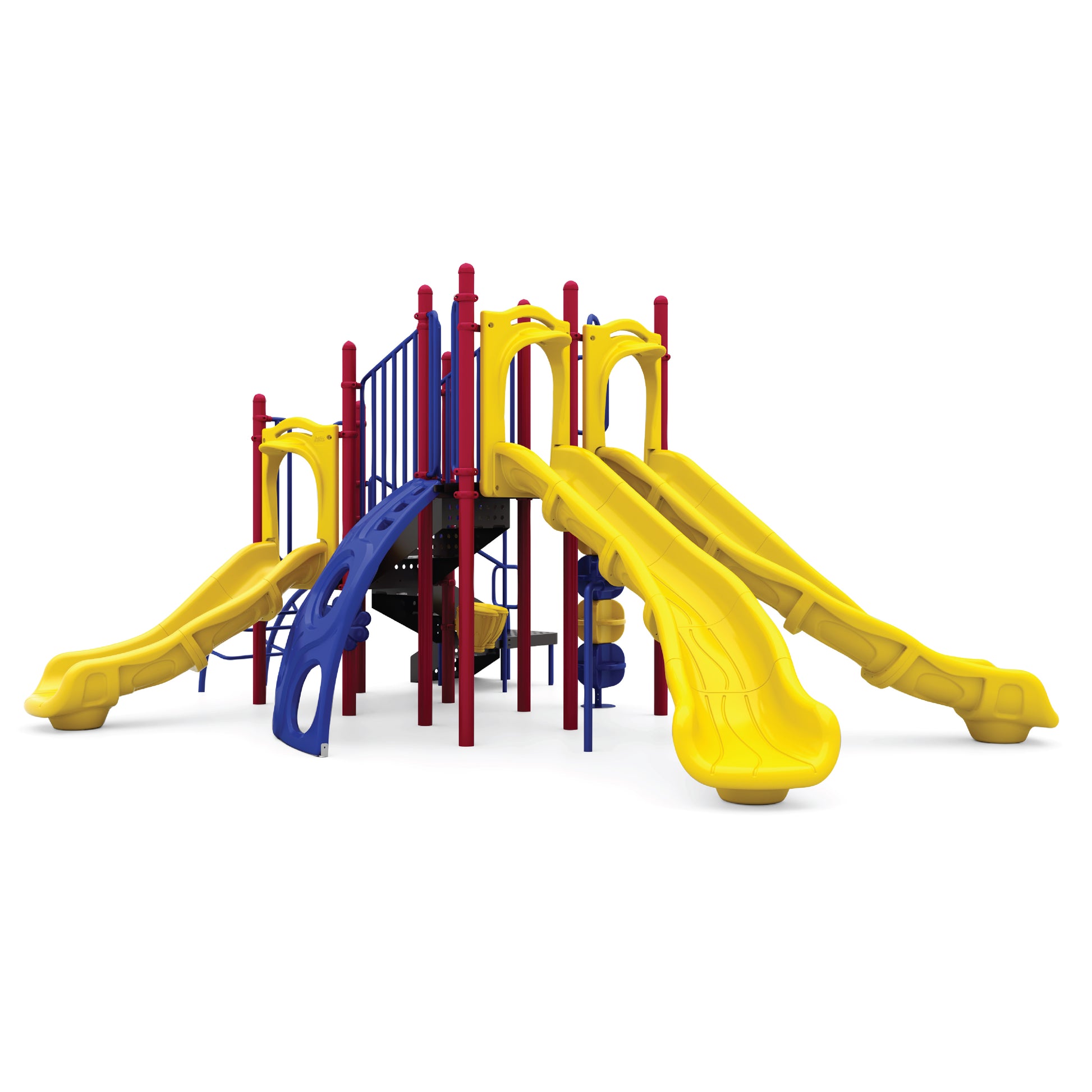 Twin Falls Primary playground structure with yellow slides, blue and red posts, and elevated decks for ages 5 to 12