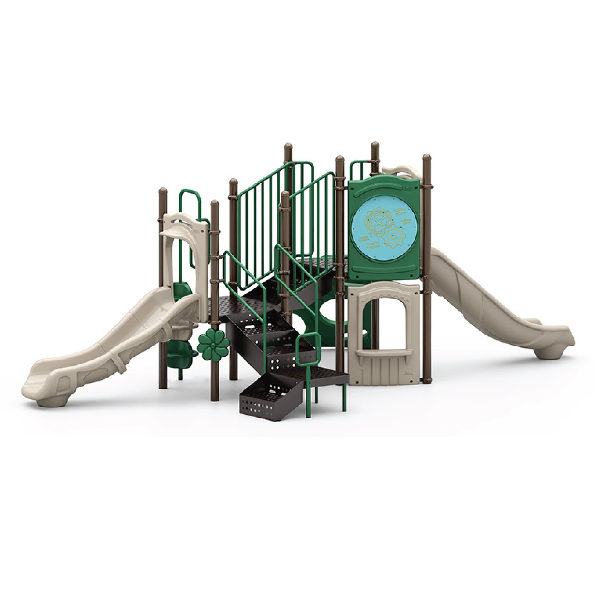 Reverse view of Boulder Dash Natural showing transfer points, low decks, and interactive panels scaled for early childhood