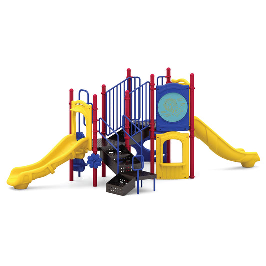 Reverse view of Boulder Dash Primary showing transfer points, low decks, and interactive panels scaled for early childhood