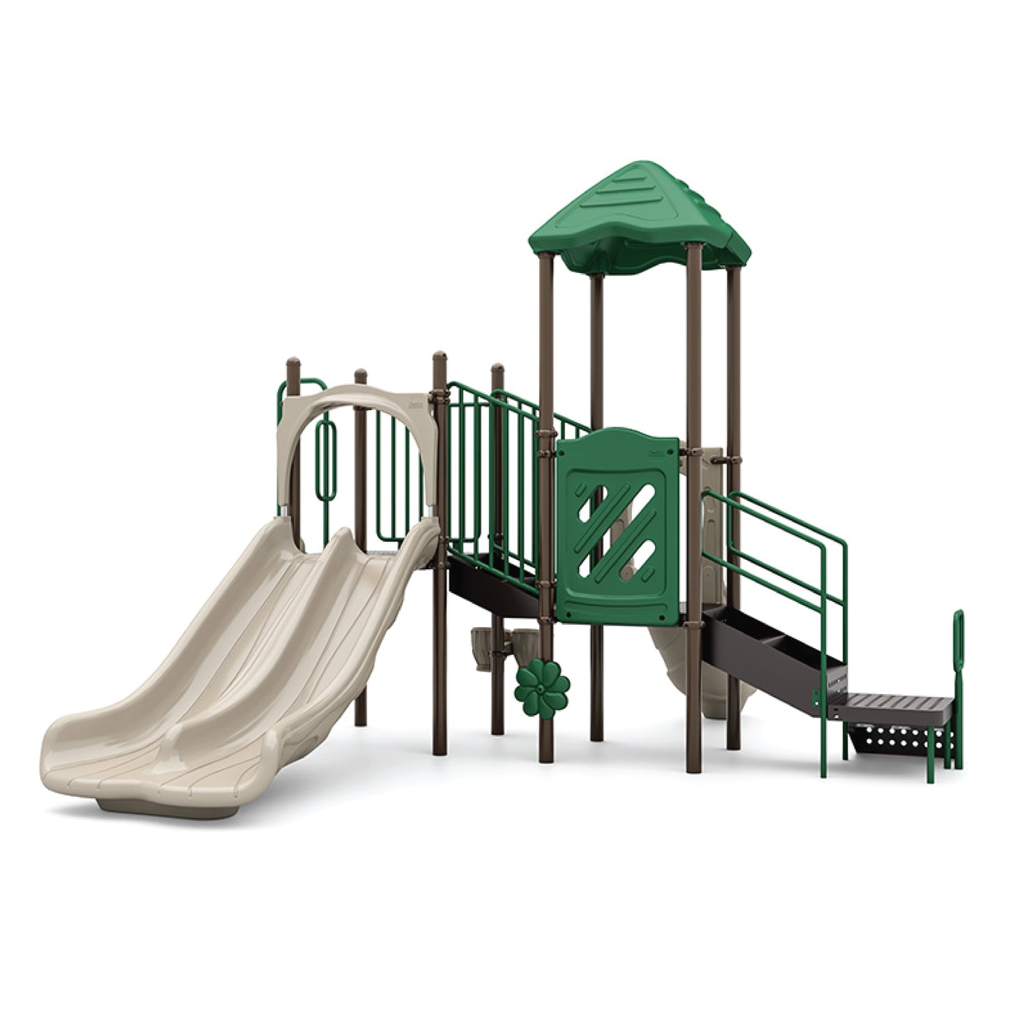 Double Rush Natural toddler playground structure with two side-by-side tan slides, green crawl tunnel, climbers, and roofed deck for ages 2 to 5