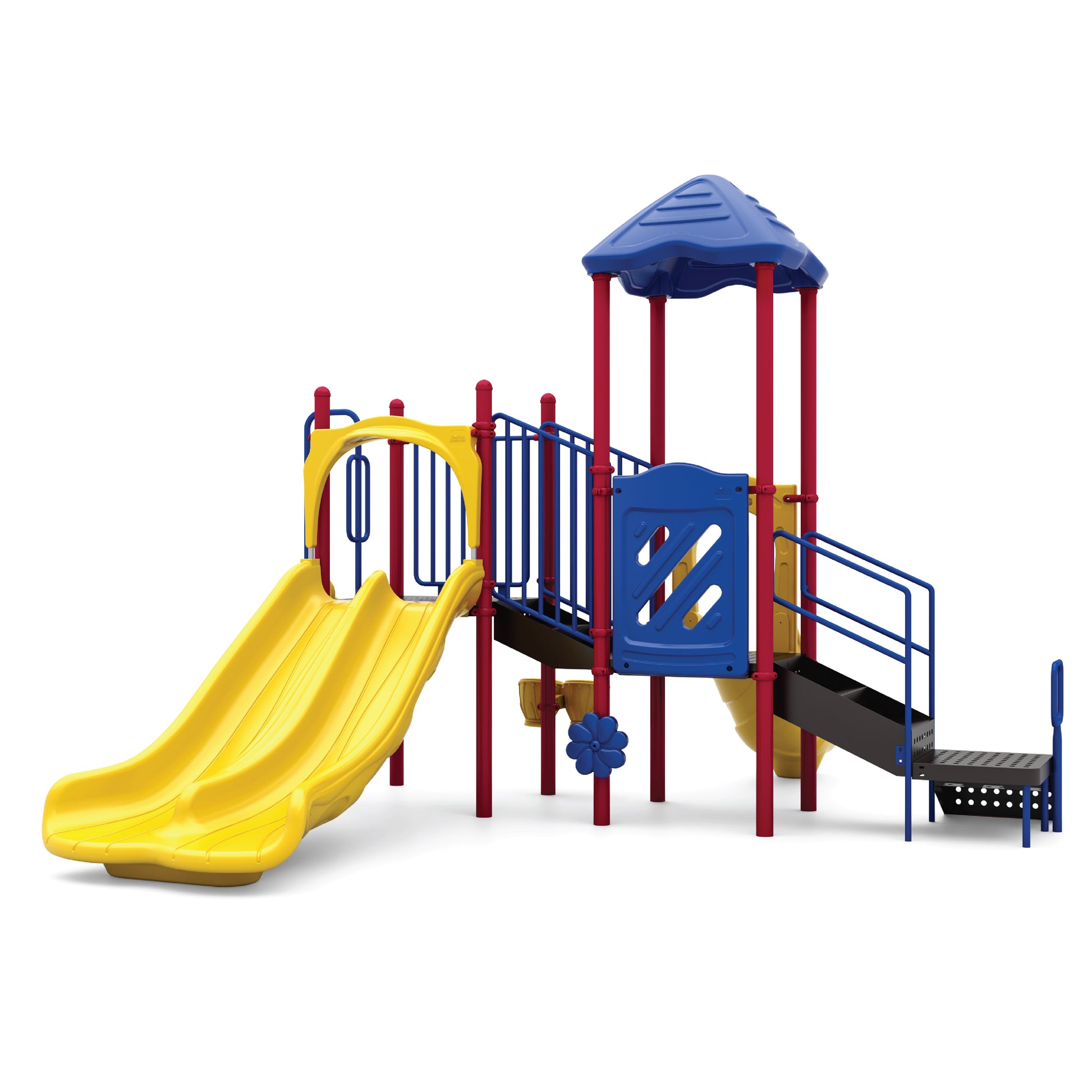 Double Rush Primary toddler playground structure with two side-by-side yellow slides, blue crawl tunnel, red climbers, and roofed deck for ages 2 to 5
