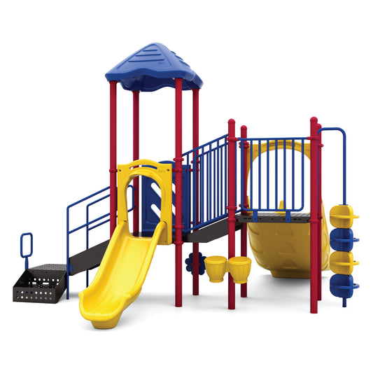 Reverse view of Double Rush Primary showing climbing challenges, transfer points, and elevated deck scaled for early childhood