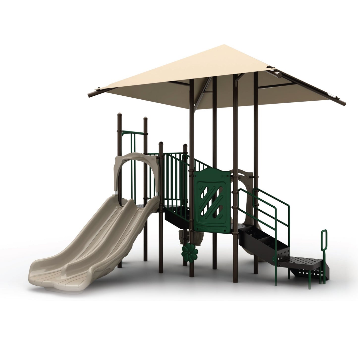 Double Rush with Shade Natural toddler playground structure with integrated tan shade canopy over two side-by-side slides, climbers, and elevated deck for ages 2 to 5