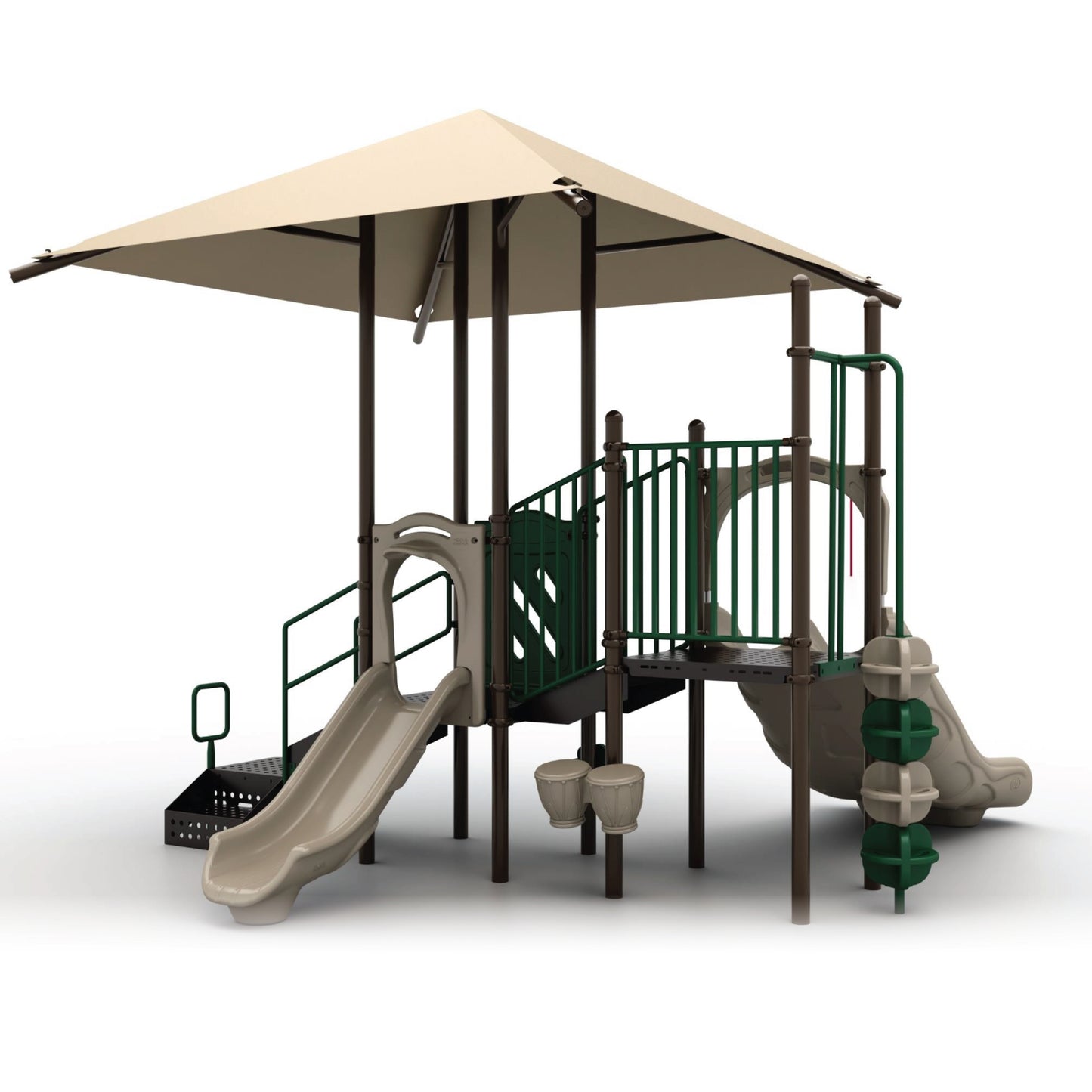 Reverse view of Double Rush with Shade Natural showing tan canopy covering climbing challenges, transfer points, and elevated deck for early childhood