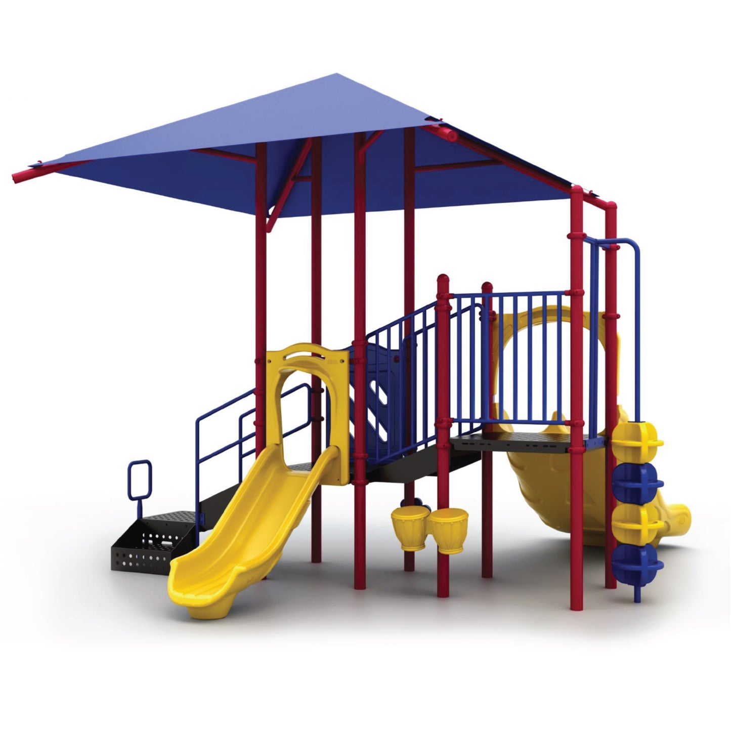 Reverse view of Double Rush with Shade Primary showing blue canopy covering climbing challenges, transfer points, and elevated deck for early childhood