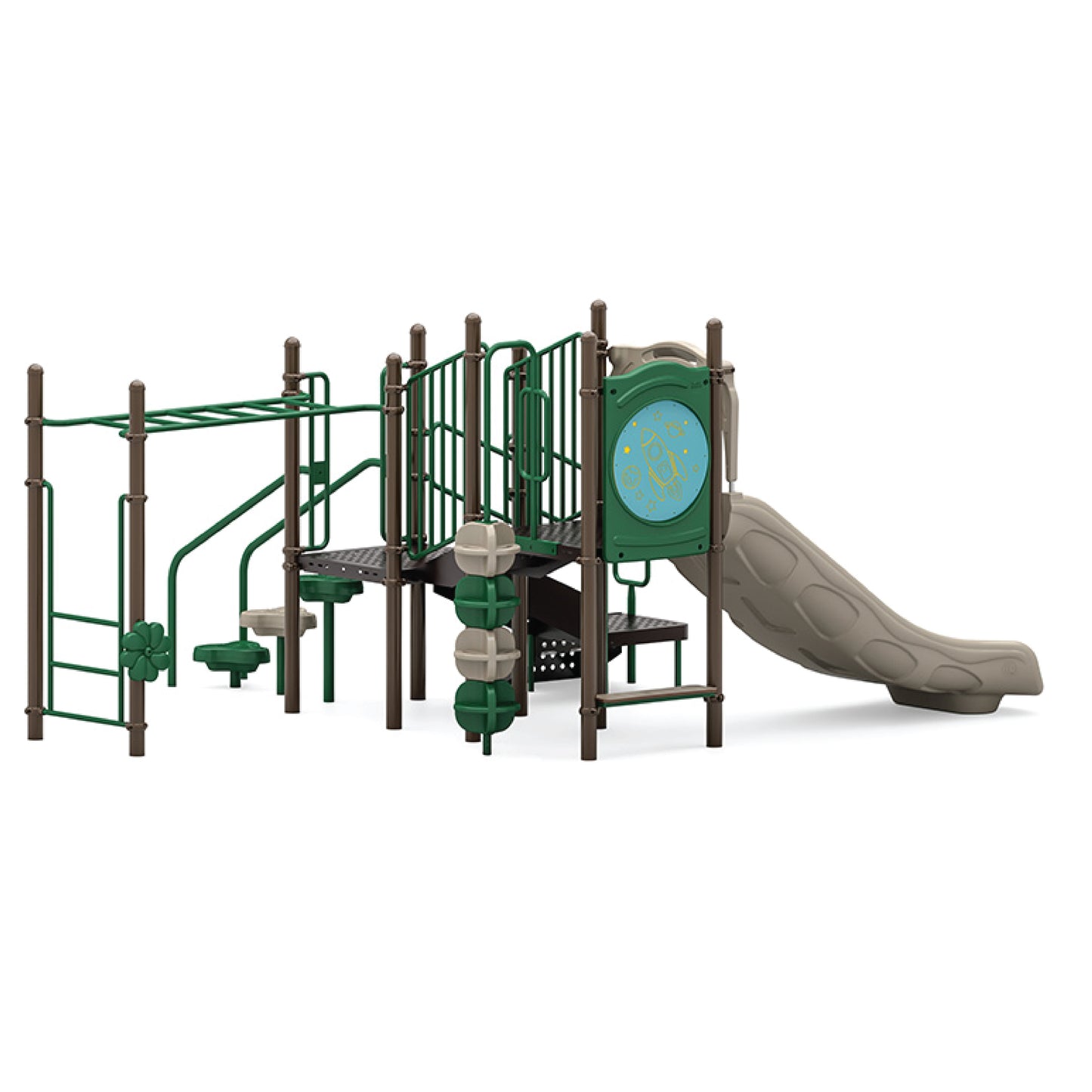 Reverse view of Lil Bugger Natural playground structure showing stepping pods, loop climber, and elevated decks for school-age children