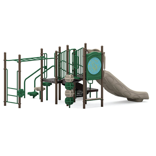 Reverse view of Lil Bugger Natural playground structure showing stepping pods, loop climber, and elevated decks for school-age children