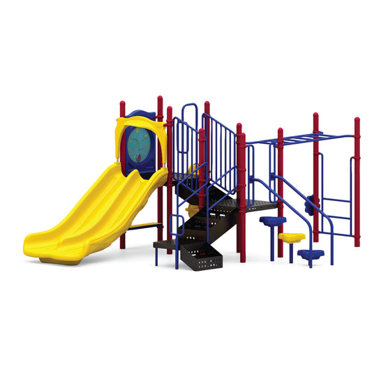 Lil Bugger Primary playground structure with red twin slide, blue and yellow climbers, vertical climber, and overhead horizontal ladder for ages 5 to 12