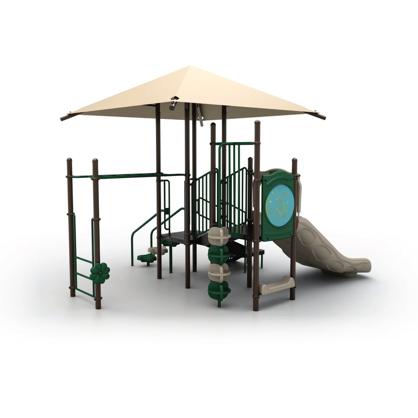 Lil Bugger with Shade Natural playground structure with integrated tan shade canopy over twin slide, climbers, and overhead horizontal ladder for ages 5 to 12