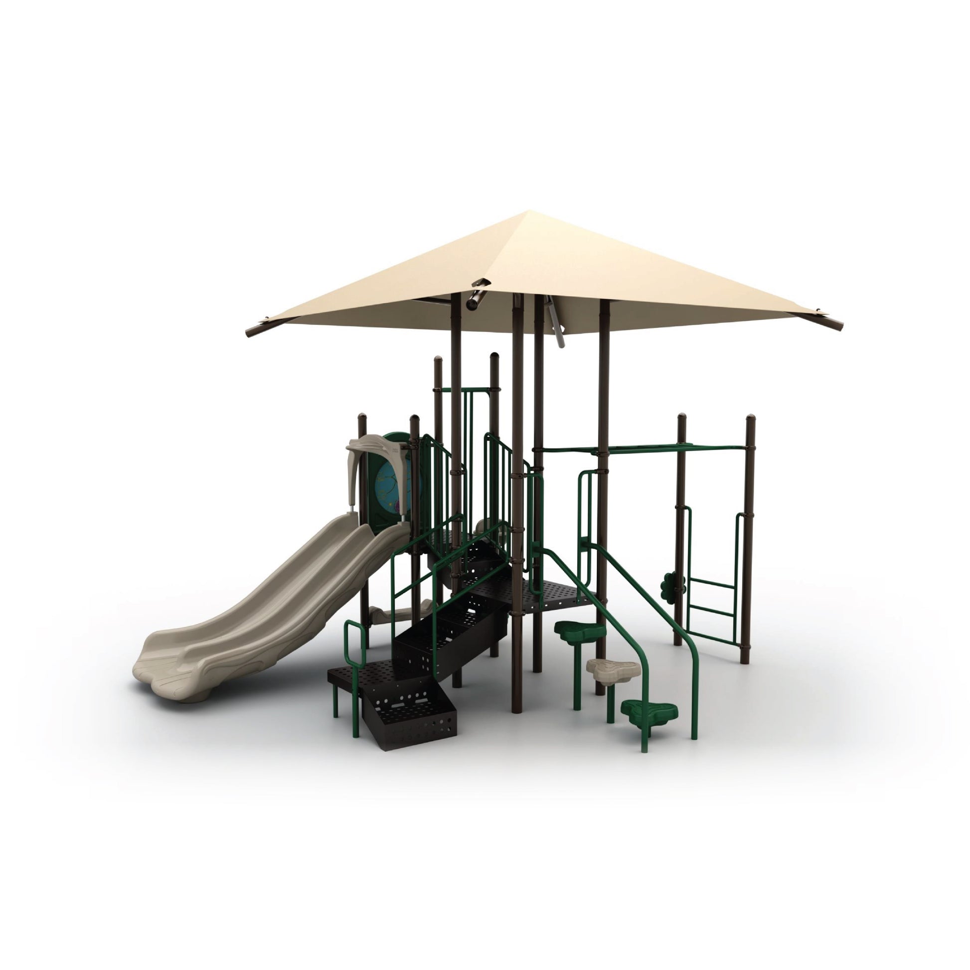 Reverse view of Lil Bugger with Shade Natural showing tan shade canopy covering stepping pods, loop climber, and elevated decks for school-age children