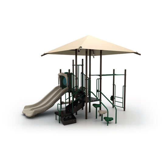 Reverse view of Lil Bugger with Shade Natural showing tan shade canopy covering stepping pods, loop climber, and elevated decks for school-age children
