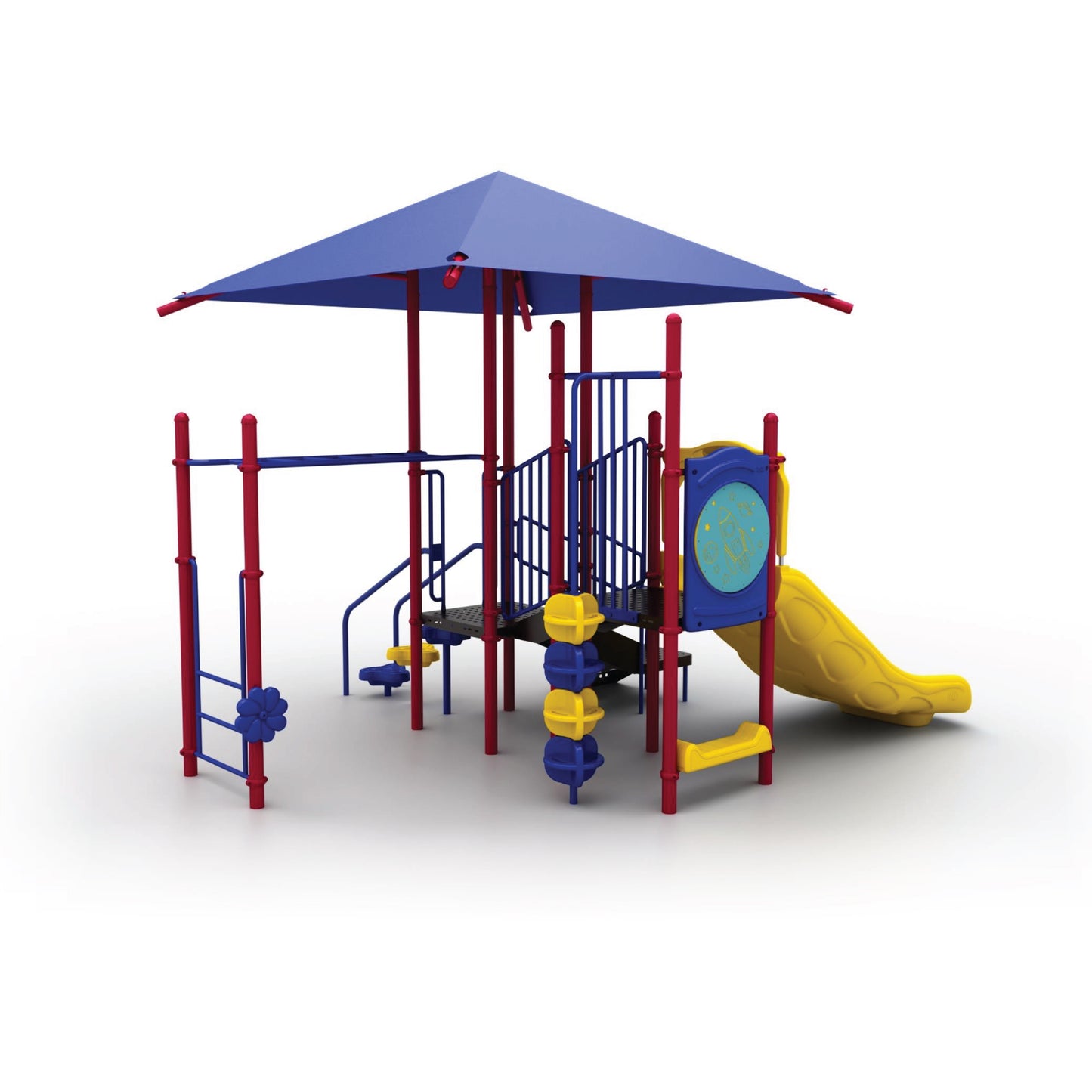 Lil Bugger with Shade Primary playground structure with integrated blue shade canopy over twin slide, climbers, and overhead horizontal ladder for ages 5 to 12