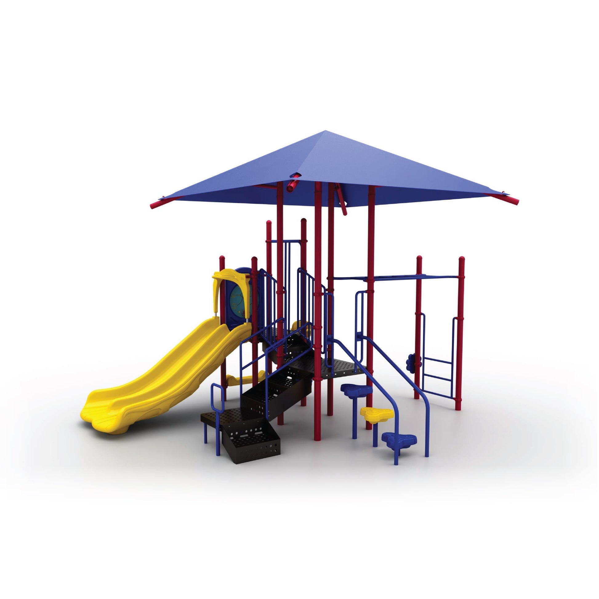 Reverse view of Lil Bugger with Shade Primary showing blue shade canopy covering stepping pods, loop climber, and elevated decks for school-age children
