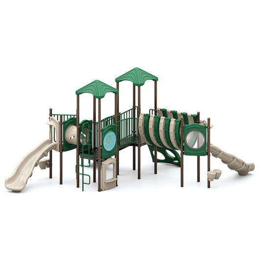 Twisted Vines Natural toddler playground structure with sculpted Bones Bridge centerpiece, multiple tan slides, green climbers, and crawl elements for ages 2 to 5
