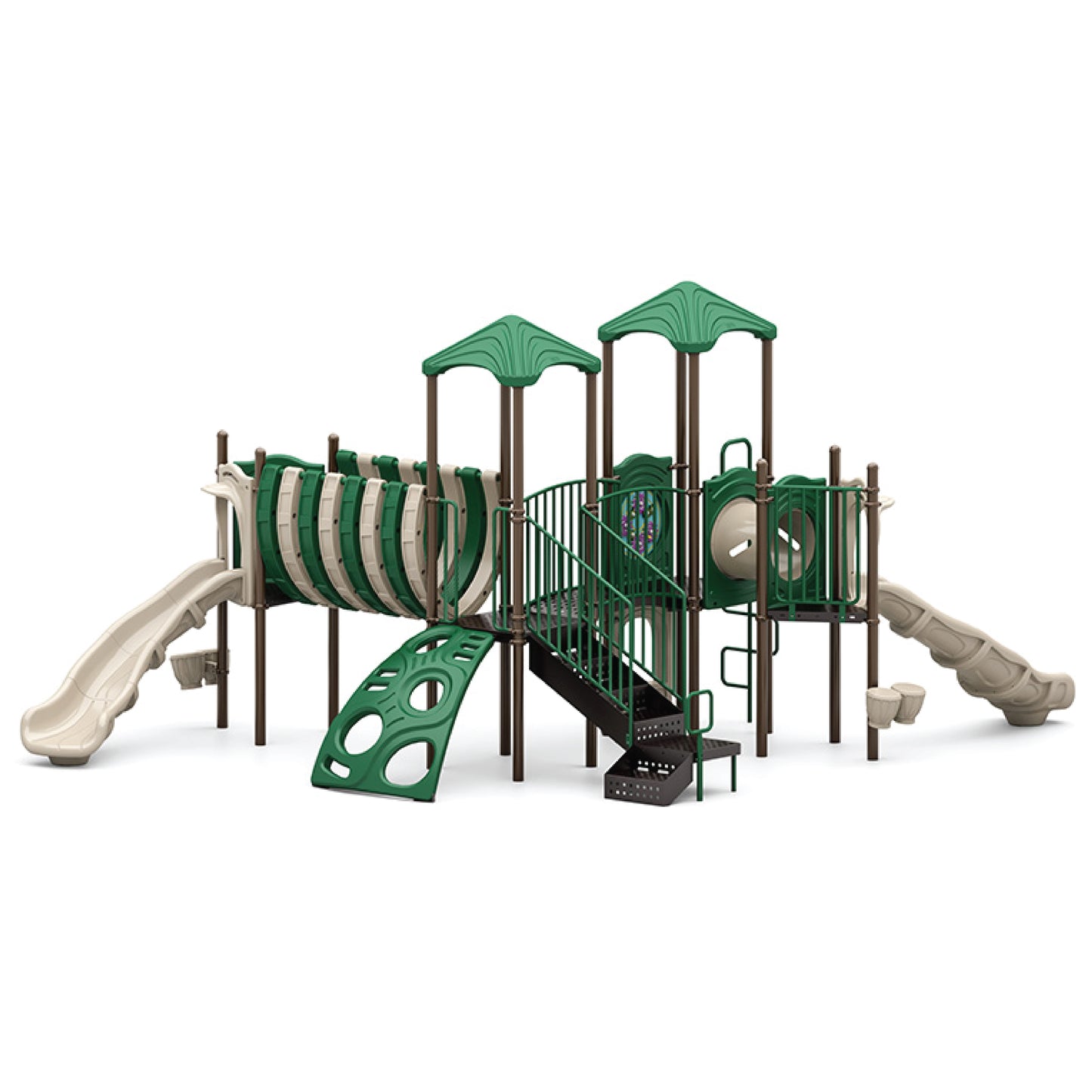 Reverse view of Twisted Vines Natural showing the Bones Bridge span, transfer points, climbers, and parallel play paths for early childhood