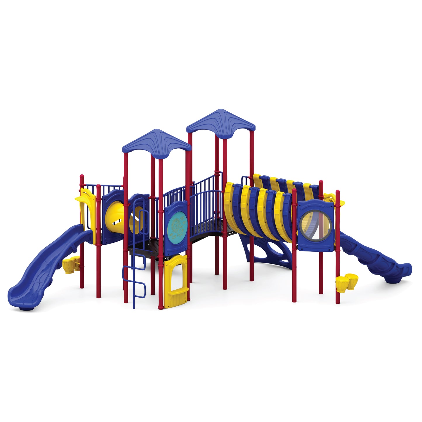 Twisted Vines Primary toddler playground structure with sculpted Bones Bridge centerpiece, multiple yellow slides, blue climbers, and red crawl elements for ages 2 to 5