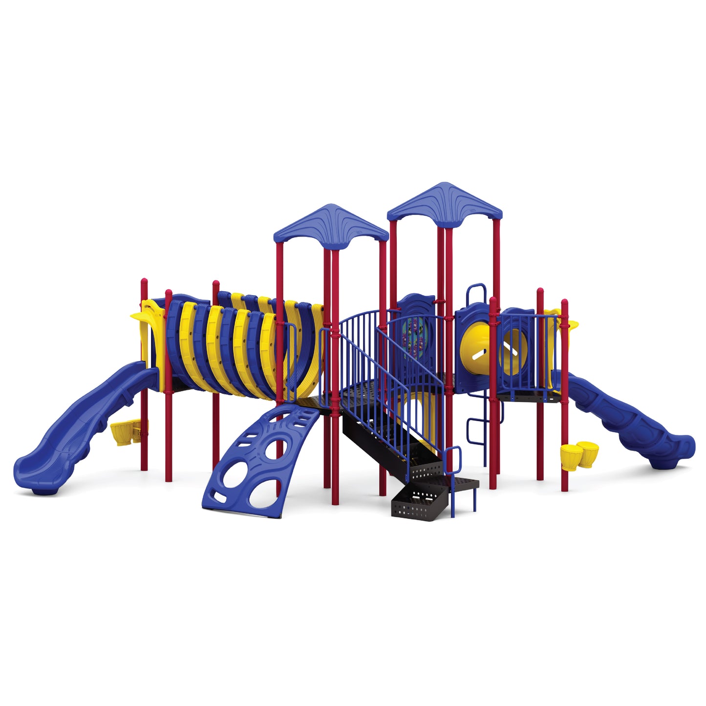 Reverse view of Twisted Vines Primary showing the Bones Bridge span, transfer points, climbers, and parallel play paths for early childhood