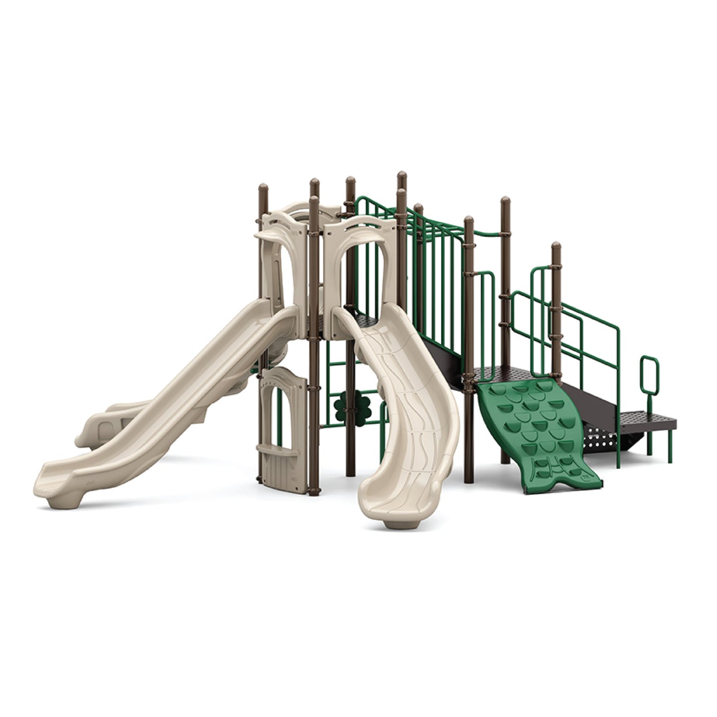 Triton's Tripod Natural playground structure with three tan slides (wave, curve, straight), green arched rock climber, and elevated decks for ages 5 to 12