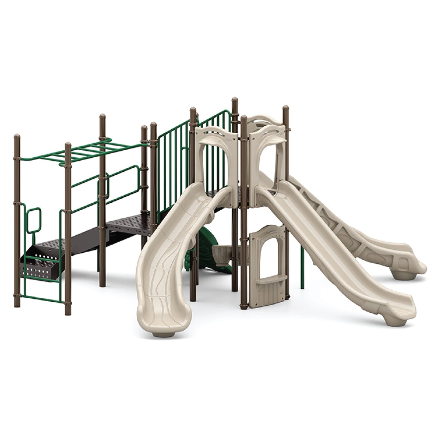 Reverse view of Triton's Tripod Natural showing elevated decks, climber, and ground-level play elements for school-age children