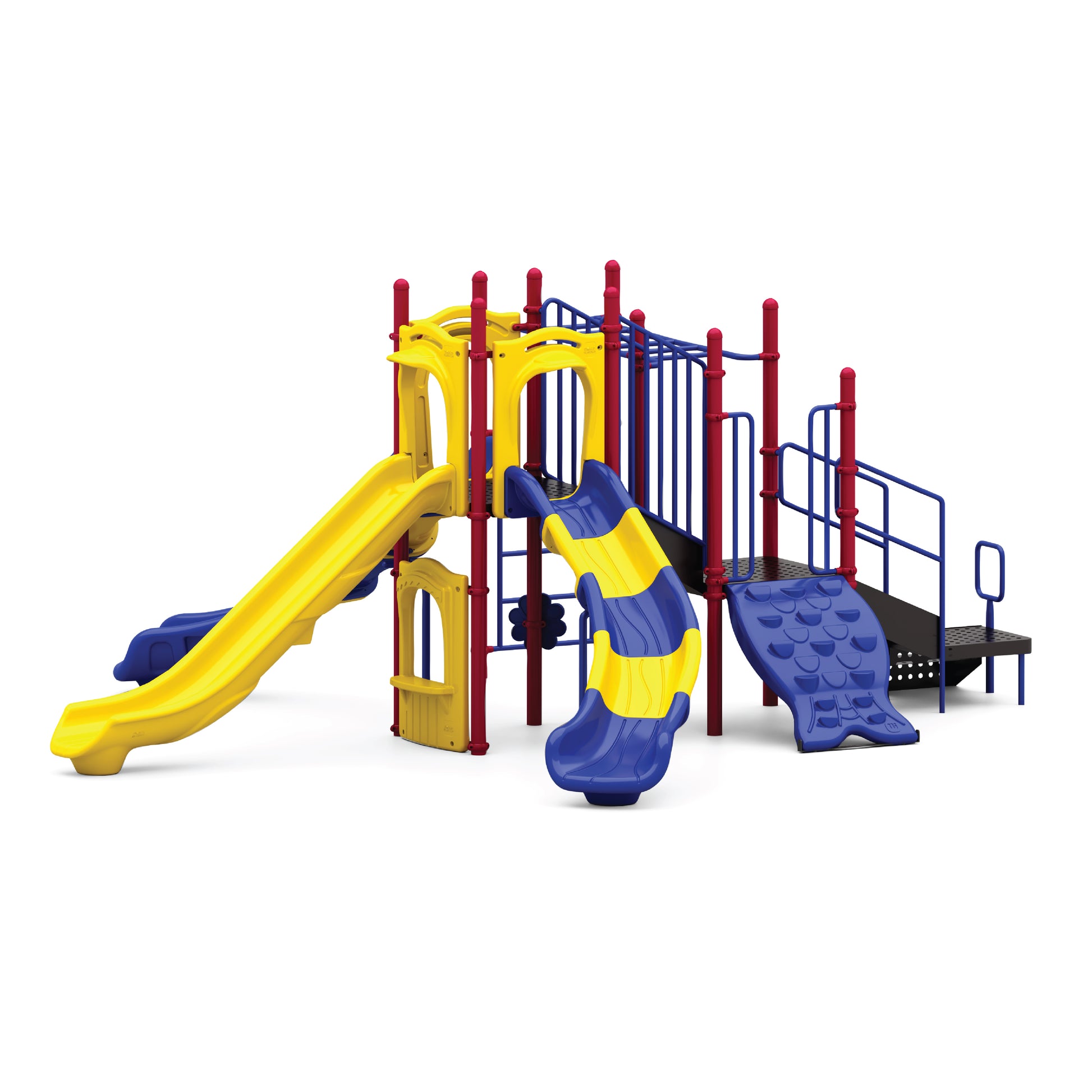 Triton's Tripod Primary playground structure with three yellow slides (wave, curve, straight), blue arched rock climber, and elevated decks for ages 5 to 12