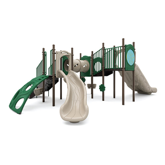Reverse view of Cedar Cascade Natural showing modular deck system, climbers, and crawl tunnel for school-age children