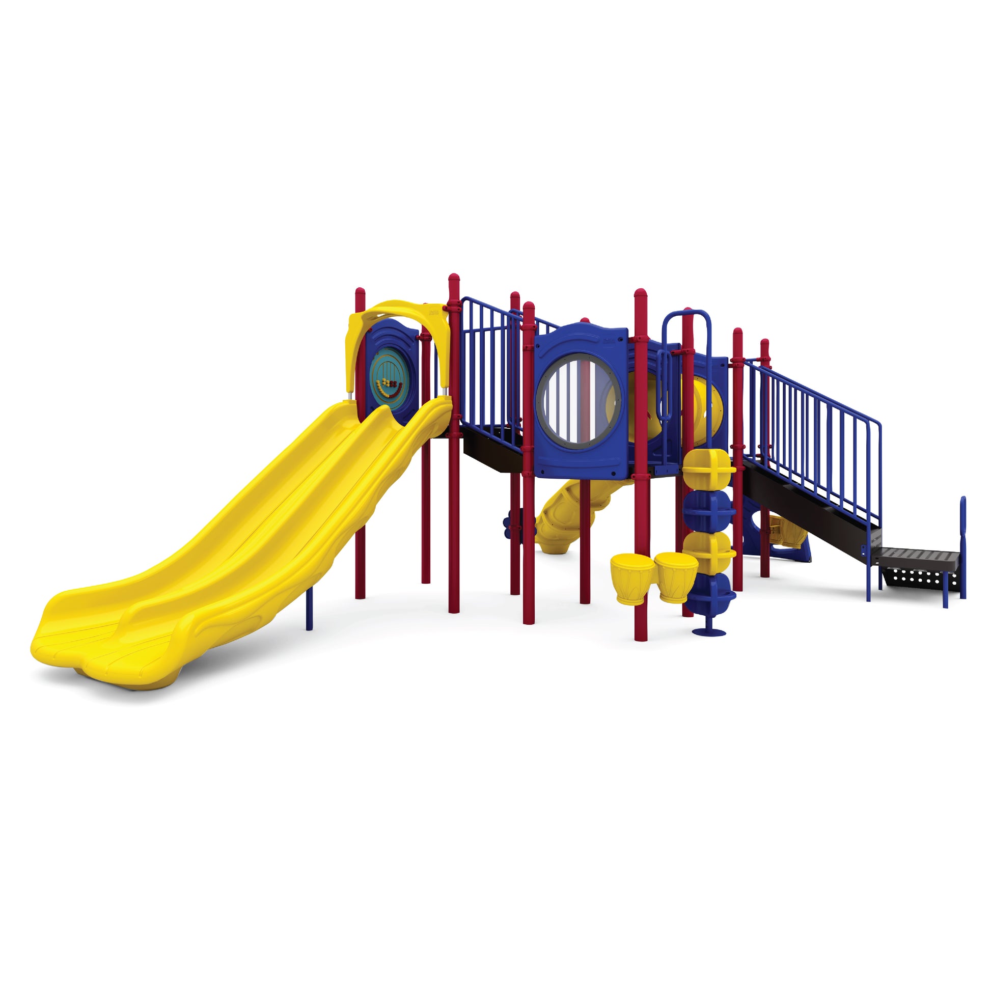 Cedar Cascade Primary playground structure with dual yellow slides, blue spiral slide, red crawl tunnel, climbers, and multi-level decks for ages 5 to 12