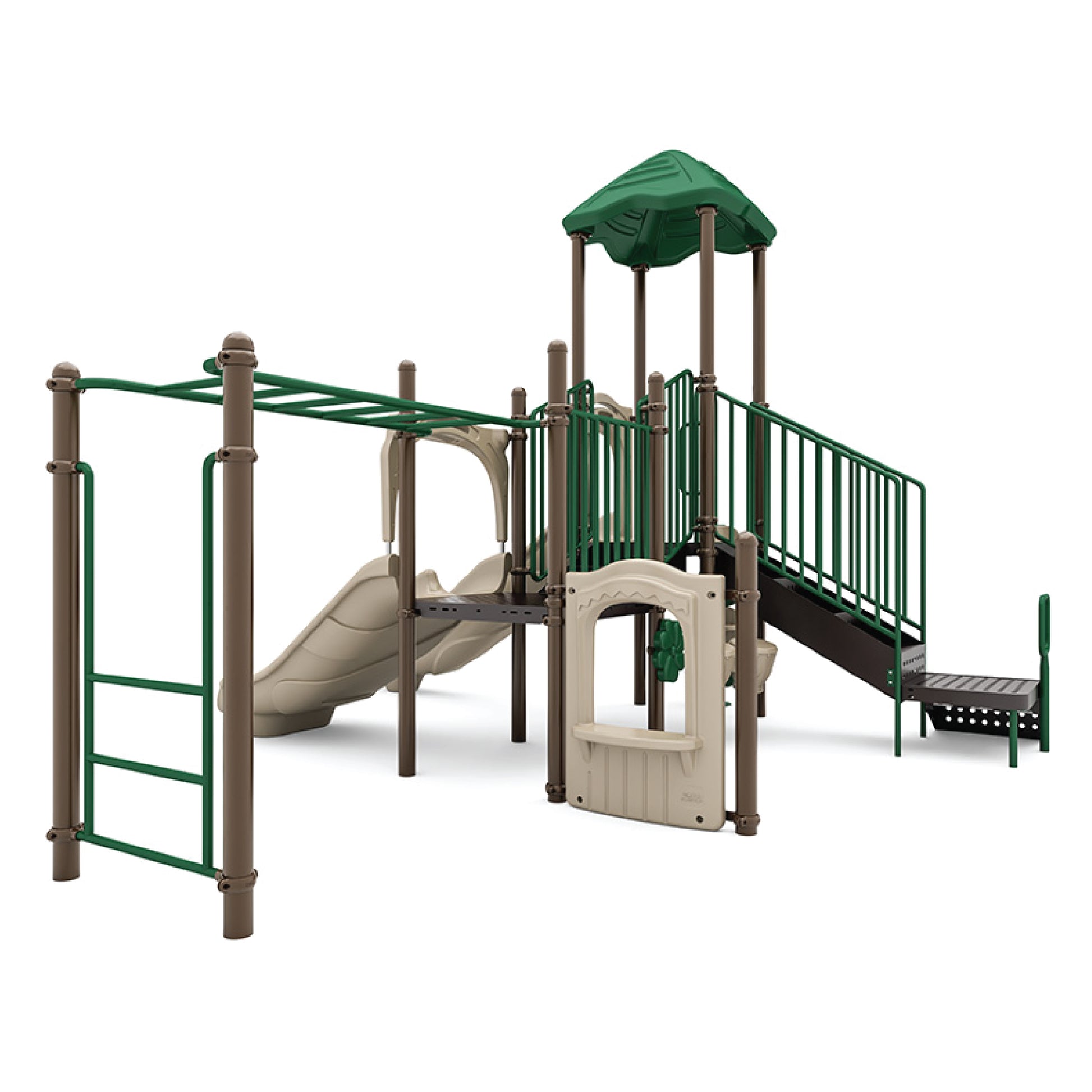 Tunnel Rush Natural playground structure with enclosed tunnel slide, tan wave slide, green climbers, and curved bridge across elevated decks for ages 5 to 12
