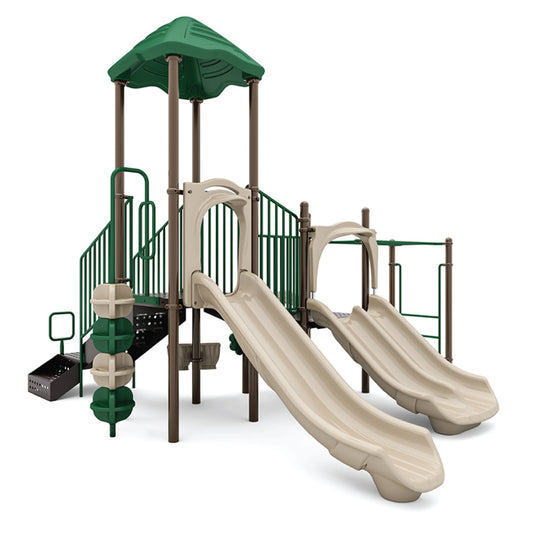 Reverse view of Tunnel Rush Natural showing tunnel exit, climbing wall, and elevated deck connections for school-age children