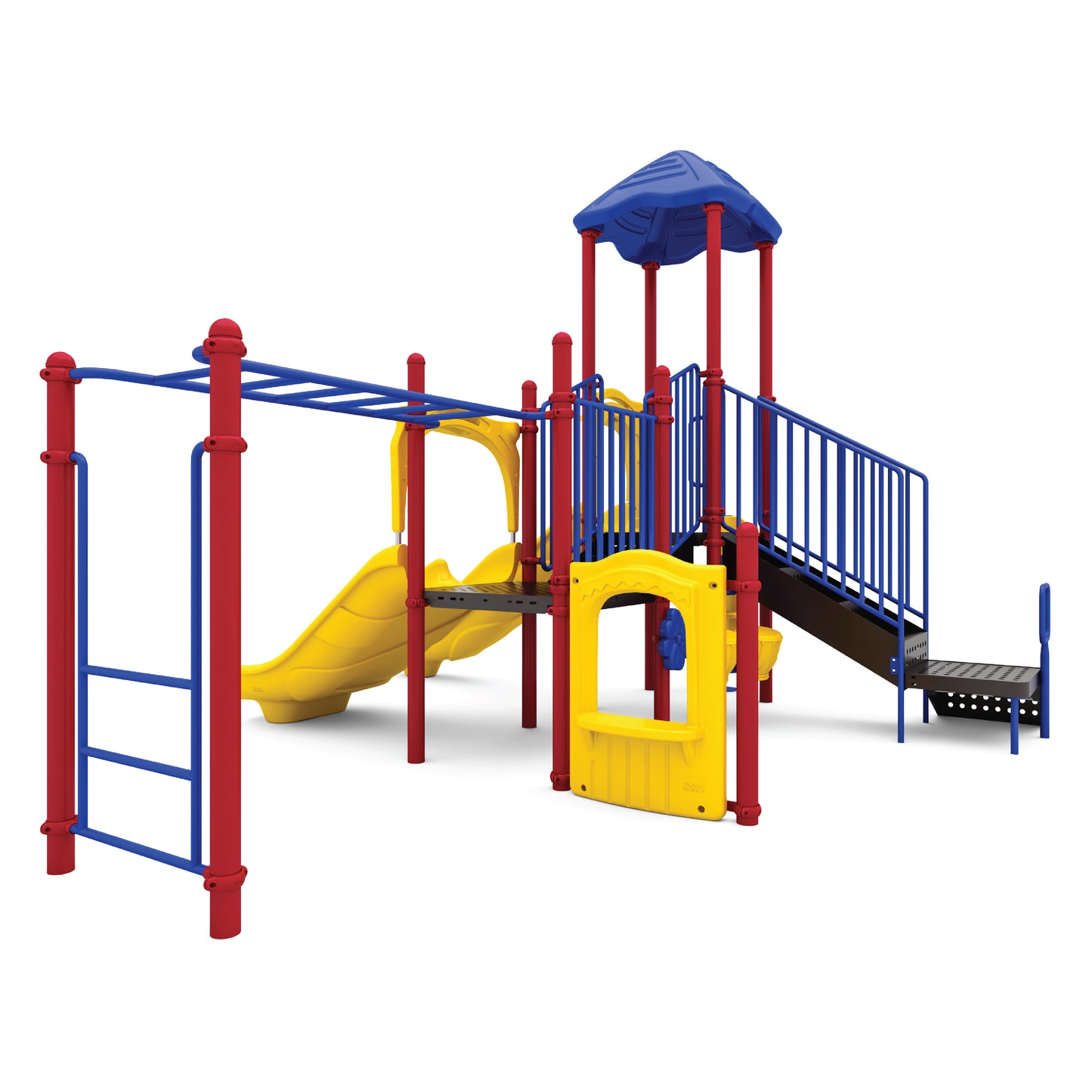 Tunnel Rush Primary playground structure with enclosed blue tunnel slide, yellow wave slide, red climbers, and curved bridge across elevated decks for ages 5 to 12
